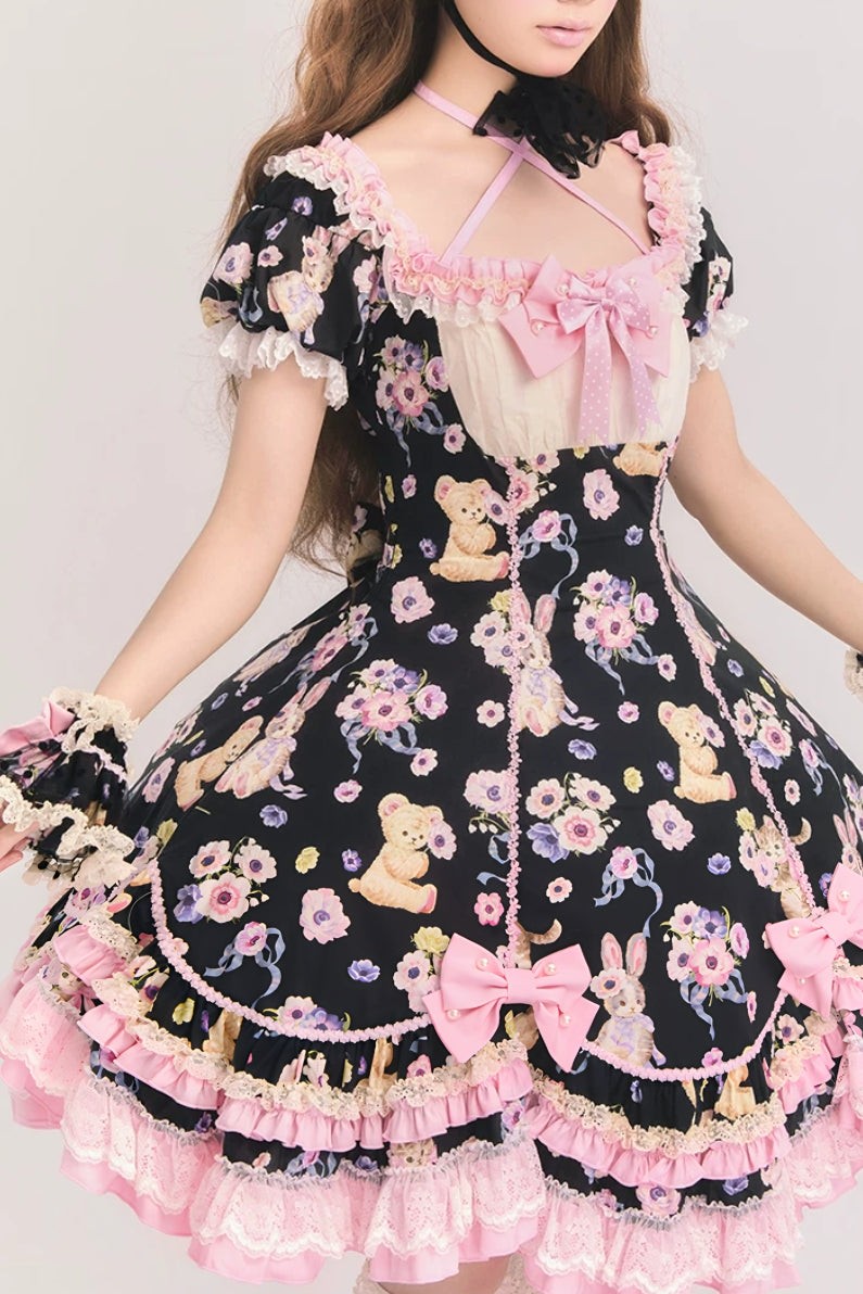 Be My Sweetheart Bear Bunny Floral Print Fitted Sweet Lolita OP Dress - LolitaEra