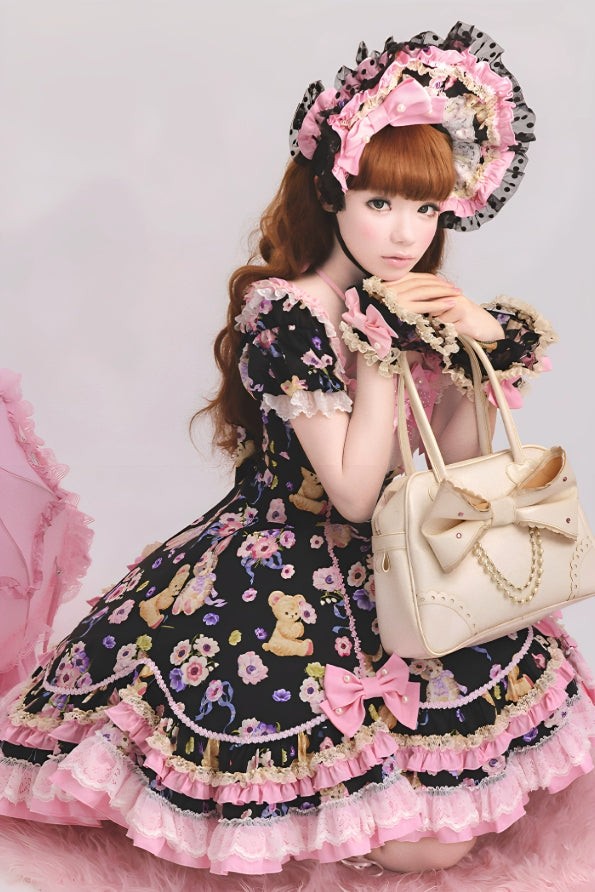 Be My Sweetheart Bear Bunny Floral Print Fitted Sweet Lolita OP Dress - LolitaEra