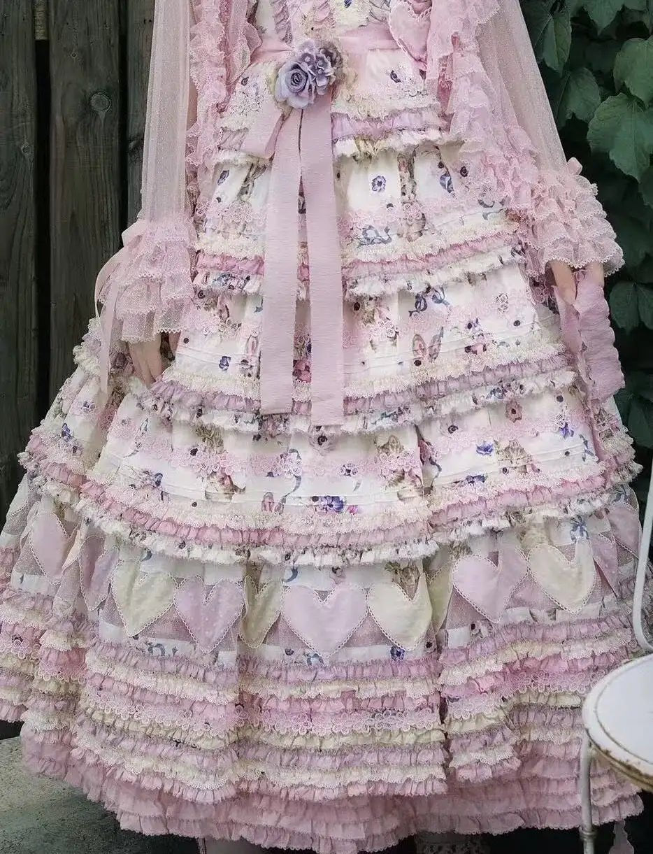 Be My Sweetheart Floral Tiered Sweet Lolita OP JSK Dress - LolitaEra