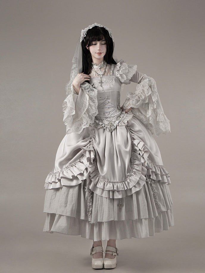 Bionic Humanoid Gothic Lolita Grey Silver Cross Corset Long SK Set - LolitaEra