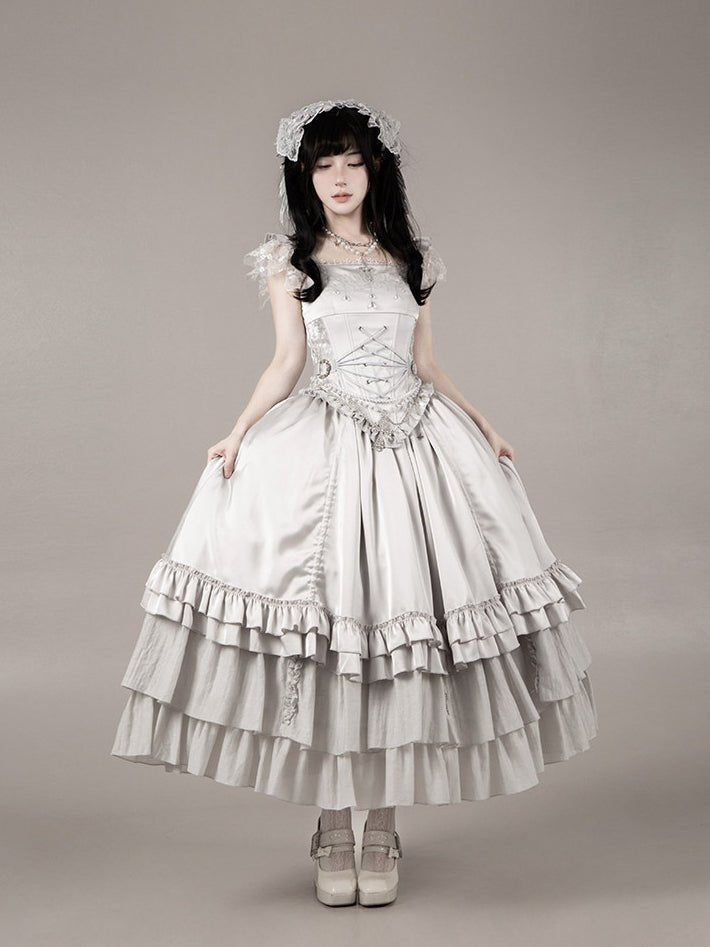 Bionic Humanoid Gothic Lolita Grey Silver Cross Corset Long SK Set - LolitaEra