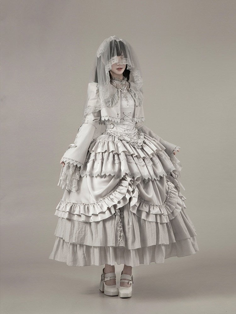 Bionic Humanoid Gothic Lolita Grey Silver Cross Corset Long SK Set - LolitaEra