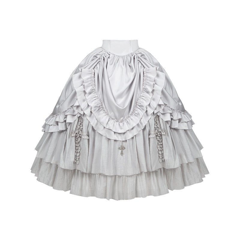 Bionic Humanoid Gothic Lolita Grey Silver Cross Corset Long SK Set - LolitaEra