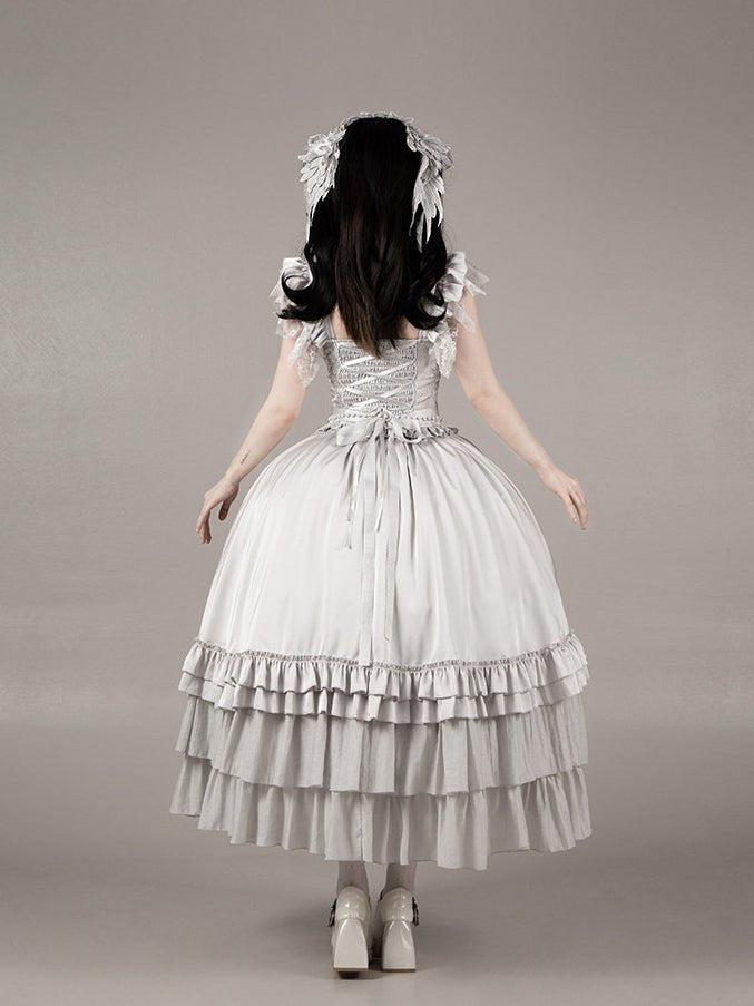 Bionic Humanoid Gothic Lolita Grey Silver Cross Corset Long SK Set - LolitaEra