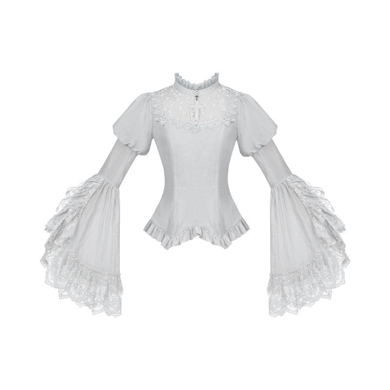 Bionic Humanoid Gothic Lolita Grey Silver Cross Corset Long SK Set - LolitaEra