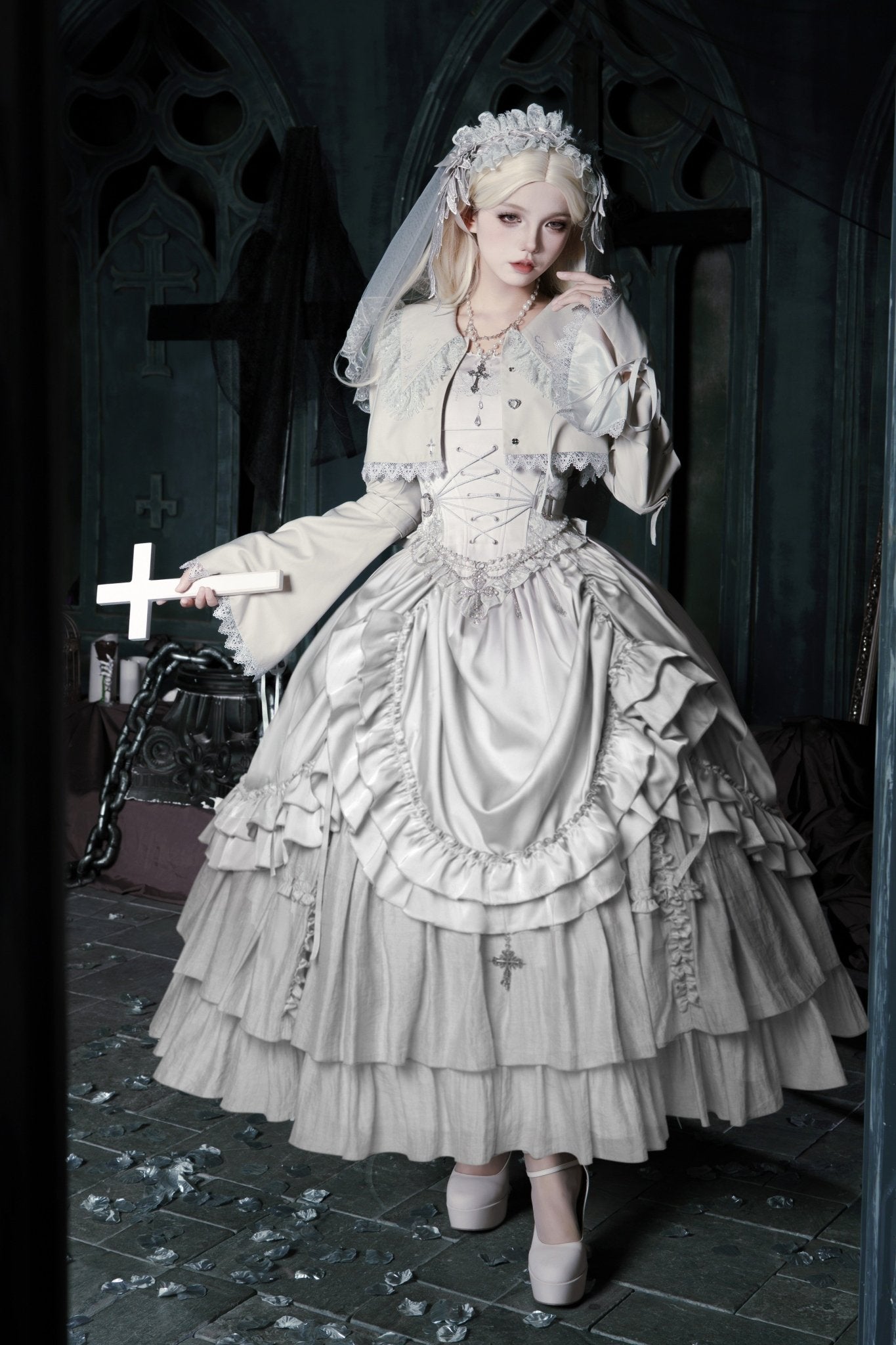 Bionic Humanoid Gothic Lolita Grey Silver Cross Corset Long SK Set - LolitaEra