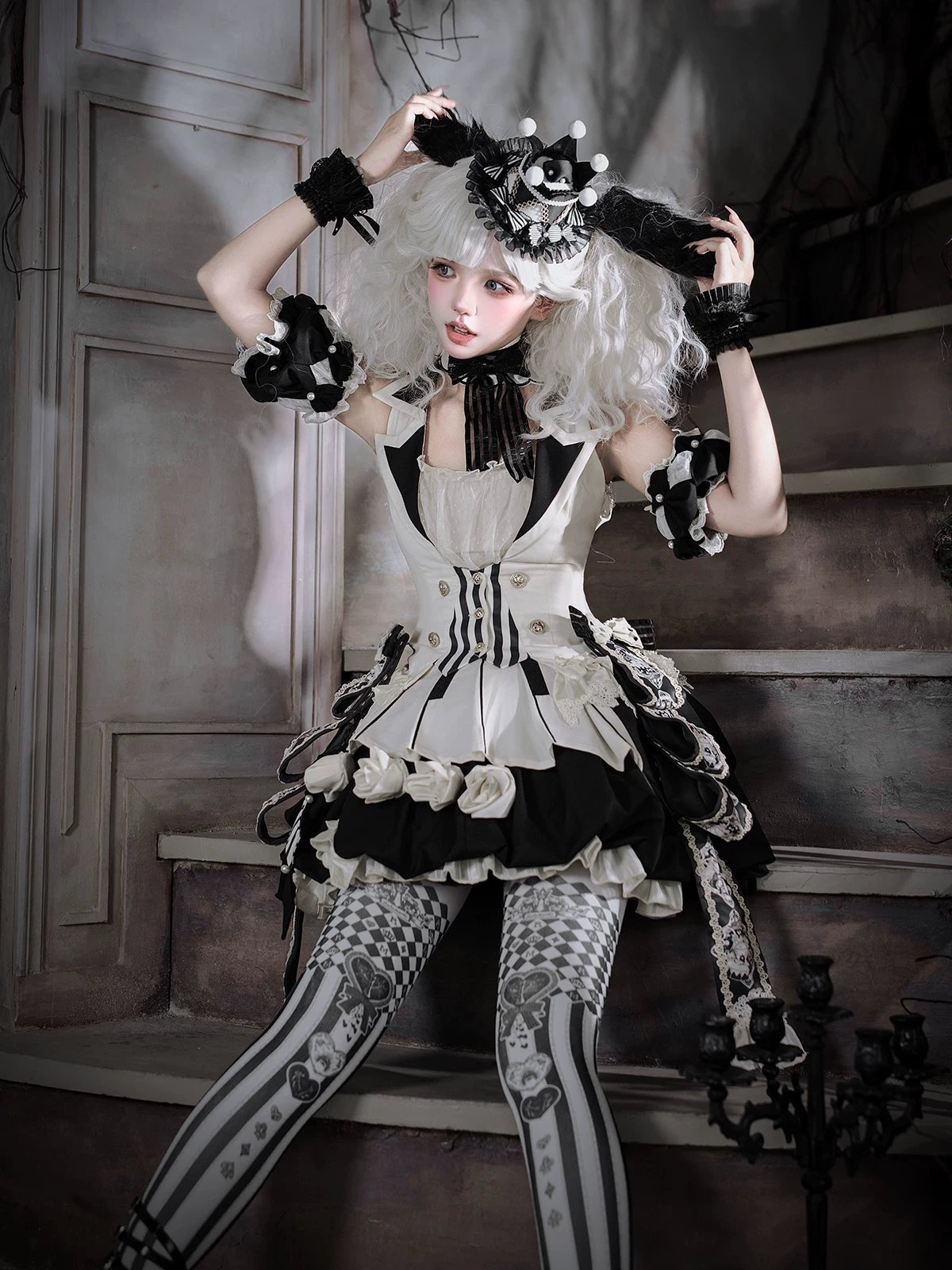 Black Candy Cane Stripe Circus Gothic Lolita Vest Skirt Full Set - LolitaEra