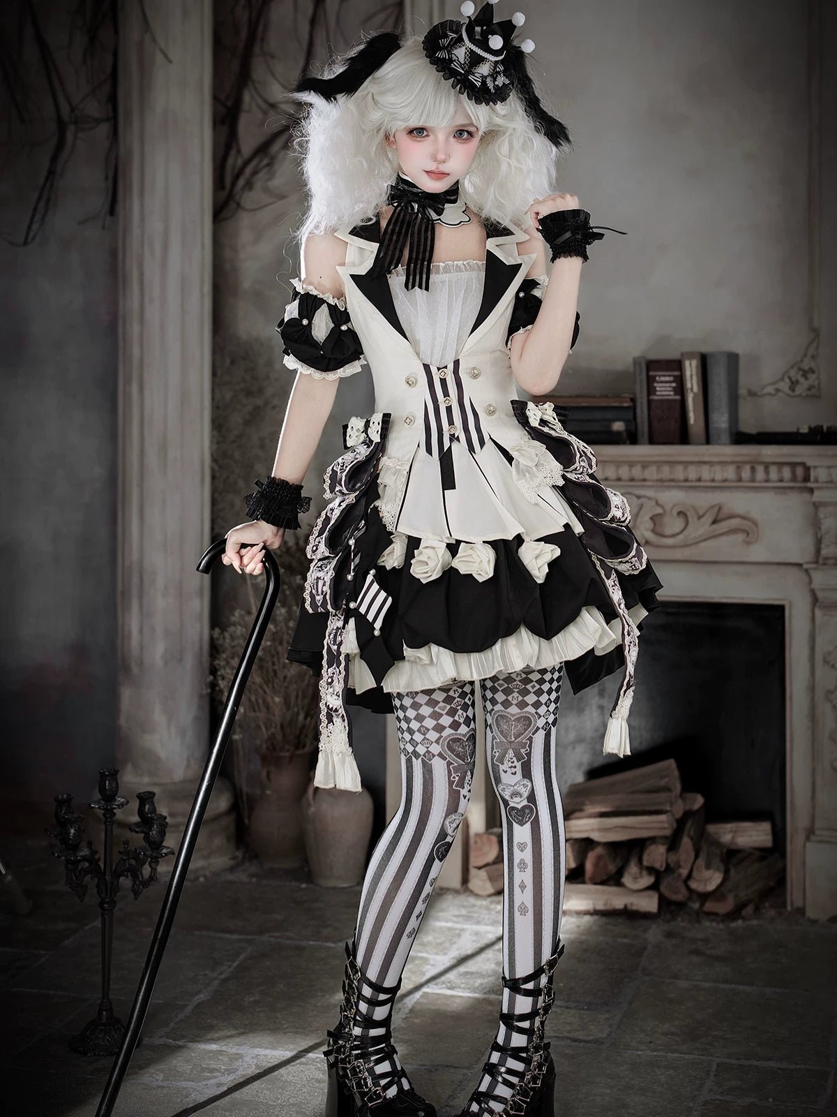 Black Candy Cane Stripe Circus Gothic Lolita Vest Skirt Full Set - LolitaEra