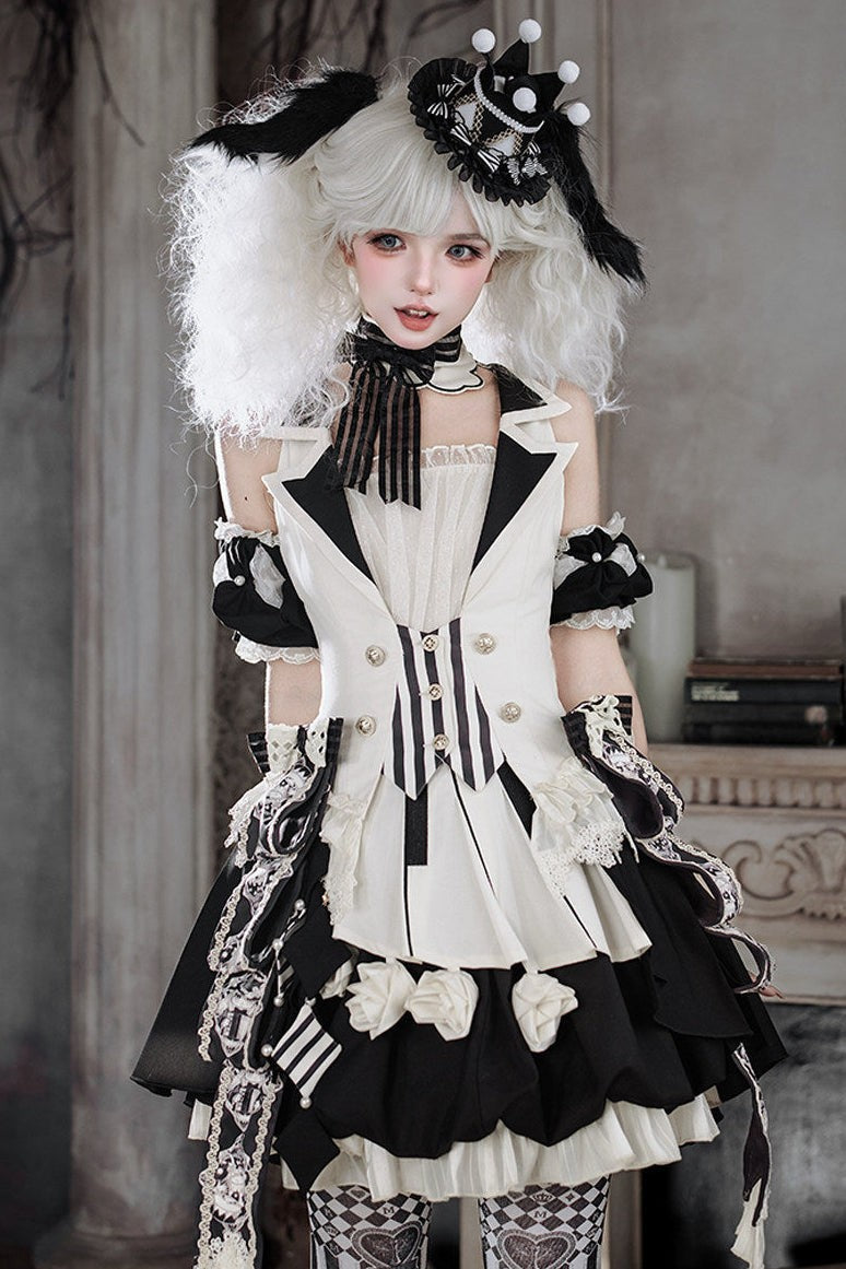 Black Candy Cane Stripe Circus Gothic Lolita Vest Skirt Full Set - LolitaEra