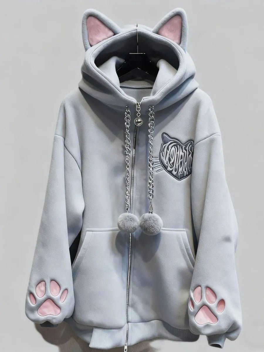 Black Cat Punk Rock Cute Cat Ear Hooded Long Sleeve Outwear - LolitaEra