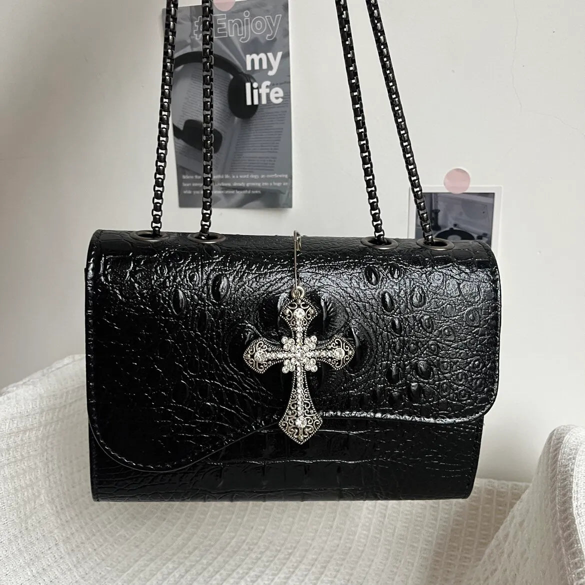 Genuine black one-shoulder bag, shoulder bag, crocodile print, high-end