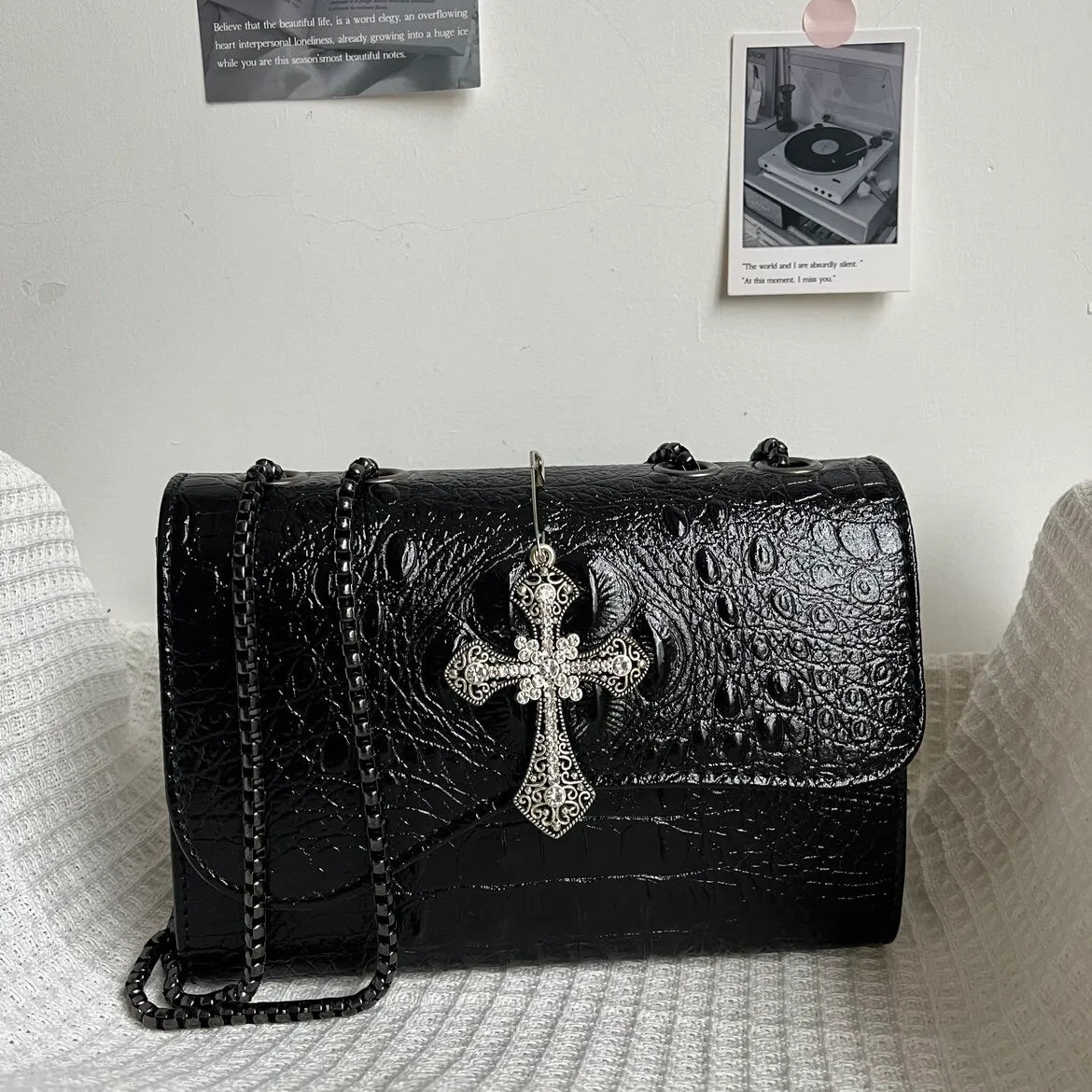 Genuine black one-shoulder bag, shoulder bag, crocodile print, high-end