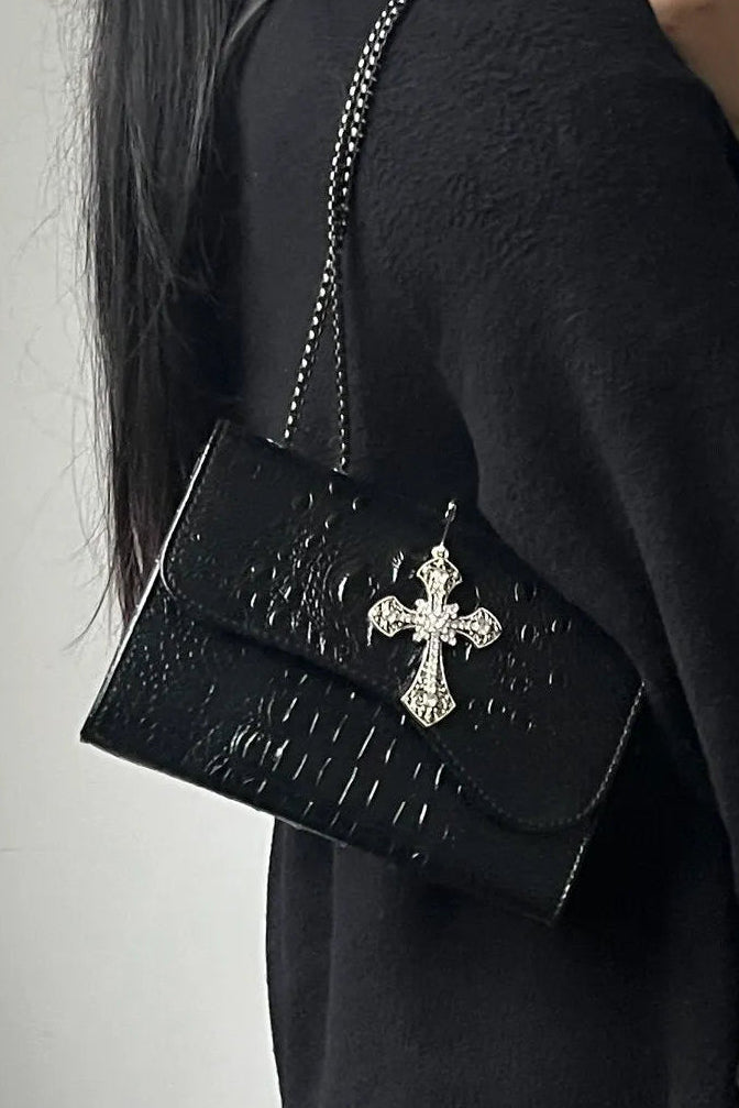 Genuine black one-shoulder bag, shoulder bag, crocodile print, high-end
