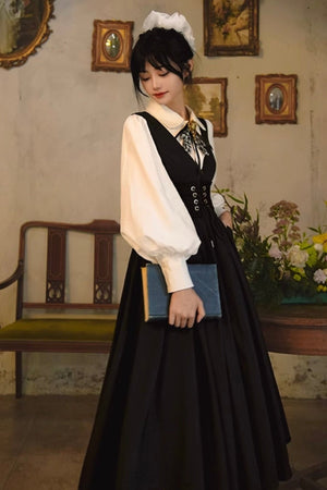 Black Swan French Vintage V - neck Dress 1267 - LolitaEraBlack SetSBlack Swan French Vintage V - neck Dress 1267