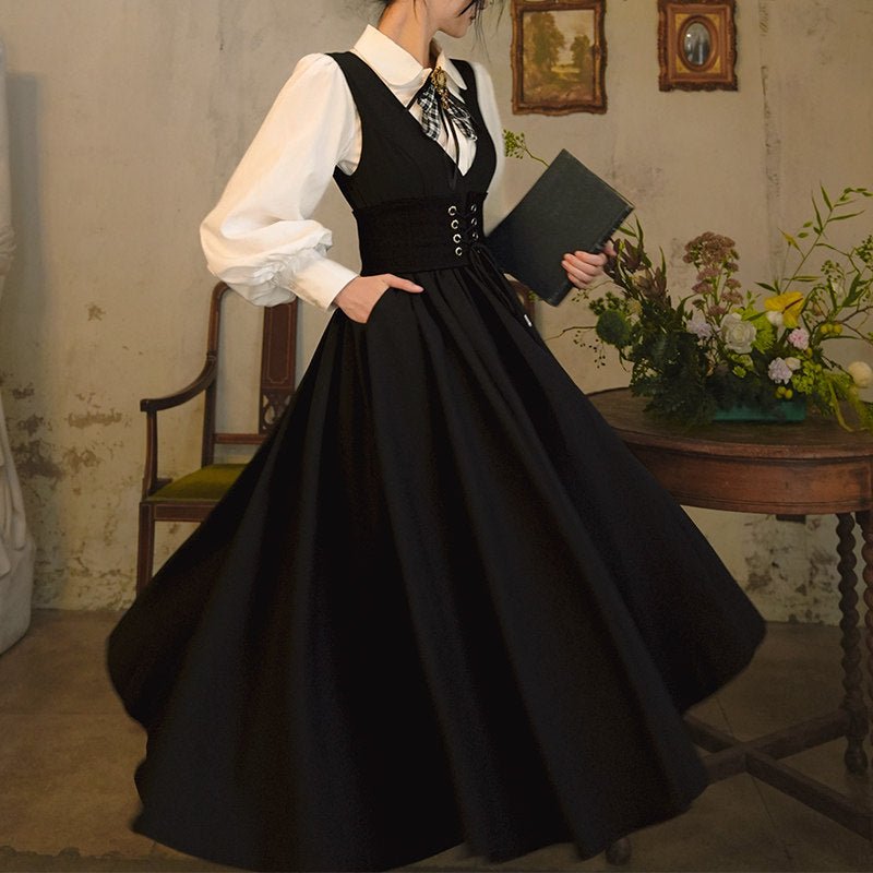 Black Swan French Vintage V - neck Dress 1267 - LolitaEraBlack SetSBlack Swan French Vintage V - neck Dress 1267