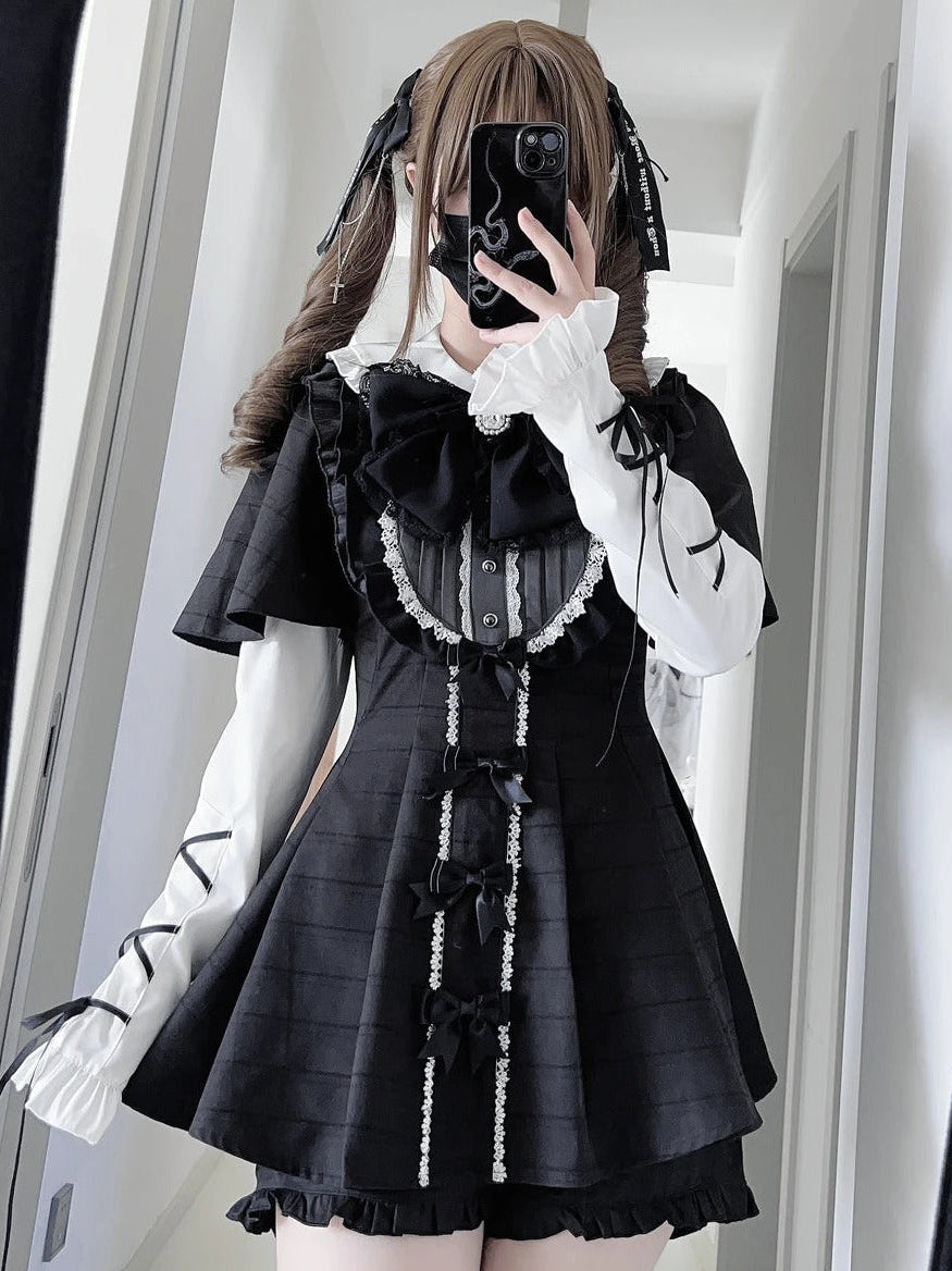 Black Veil Contract Dark Gray Black Velvet Lolita Skirt Outfit Set with Bow - LolitaEra