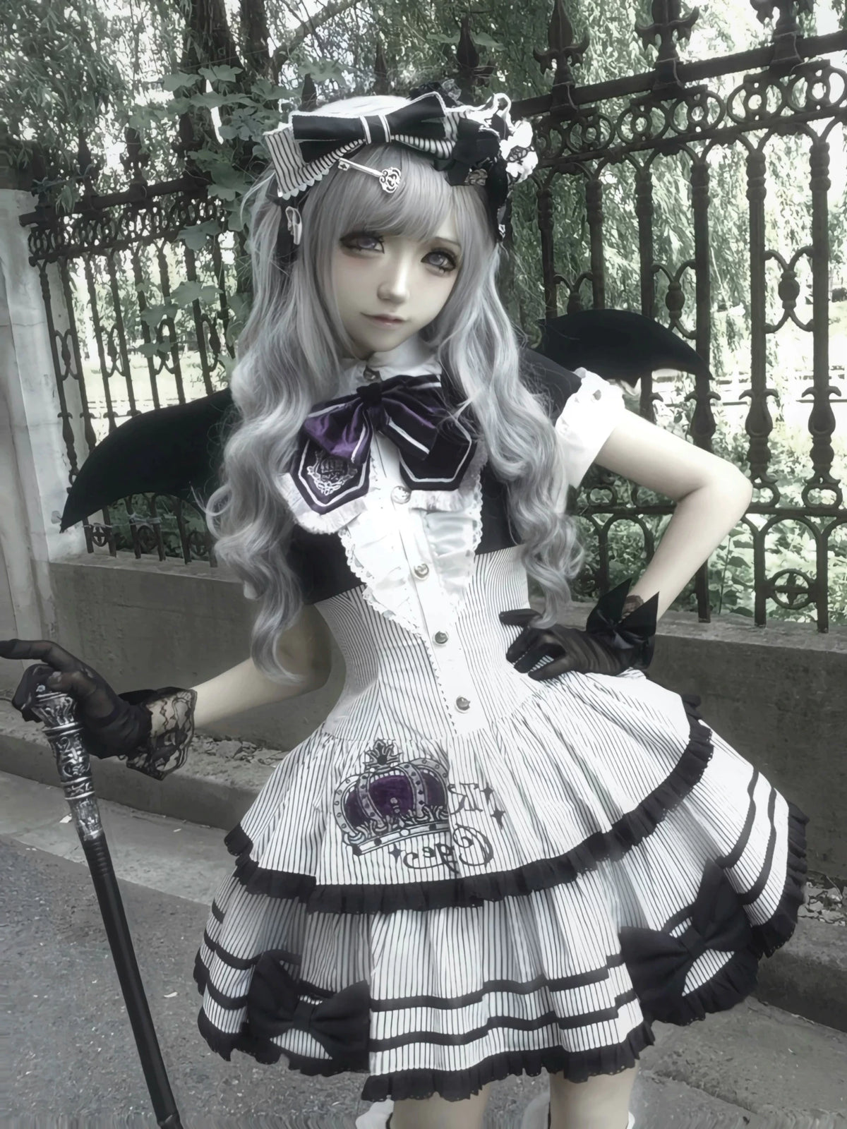 Black & White Crown Idol Academy Lolita Fake Two-Piece OP Dress - LolitaEra