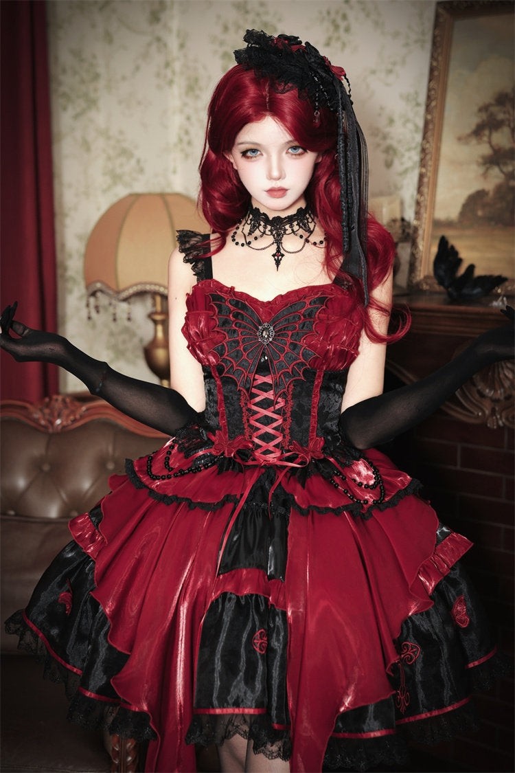 Blood Butterfly Gothic Lolita Corset Dress Spider Web Lace-Up Irregular Hem - LolitaEra