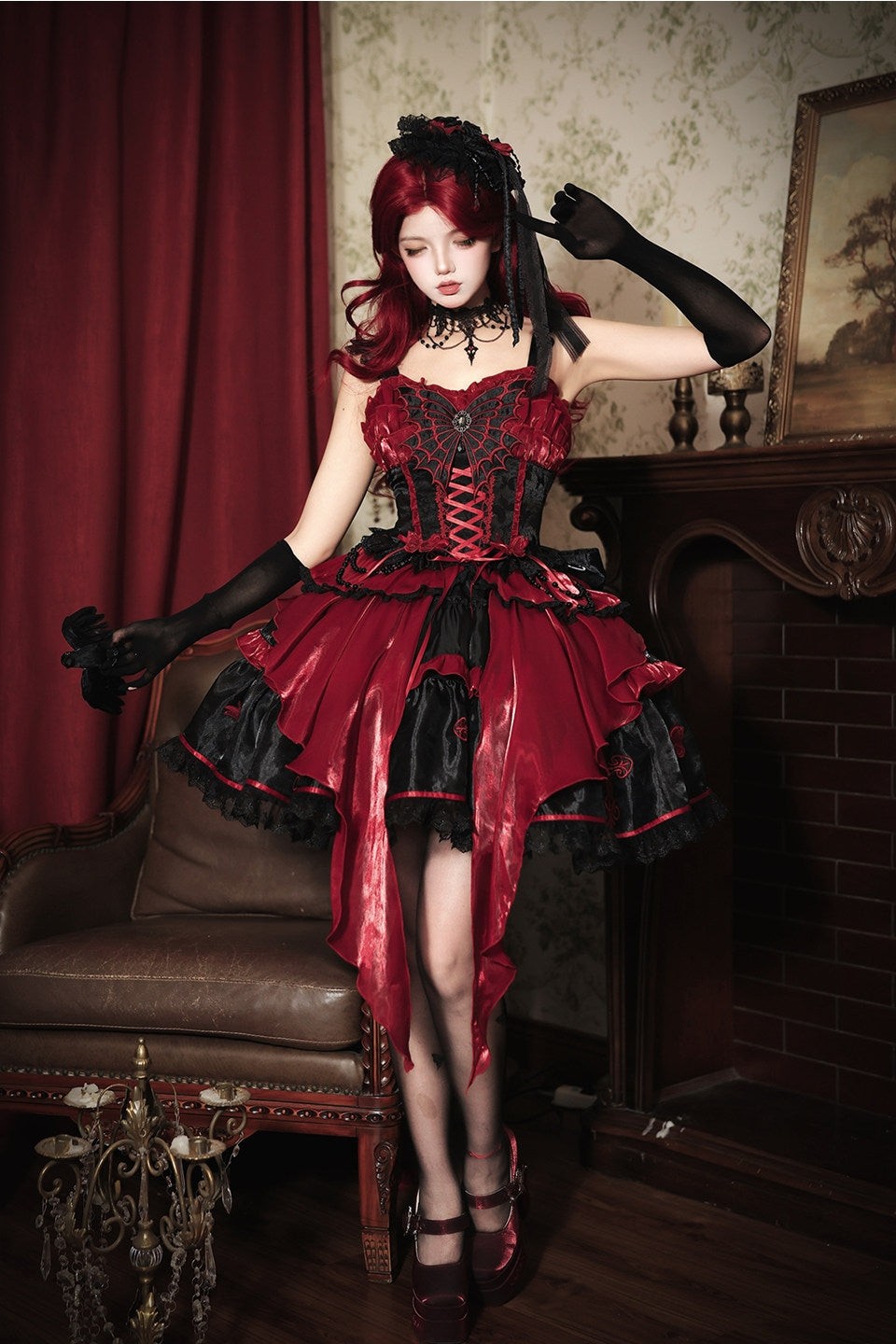 Blood Butterfly Gothic Lolita Corset Dress Spider Web Lace-Up Irregular Hem - LolitaEra