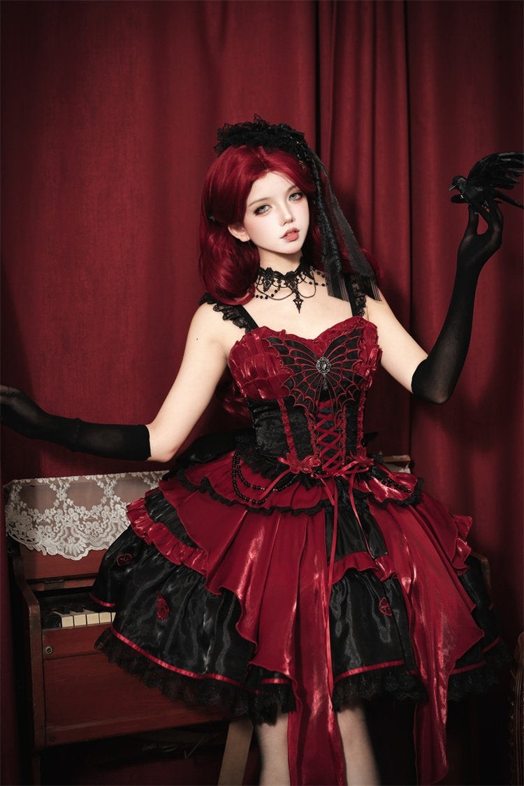 Blood Butterfly Gothic Lolita Corset Dress Spider Web Lace-Up Irregular Hem - LolitaEra