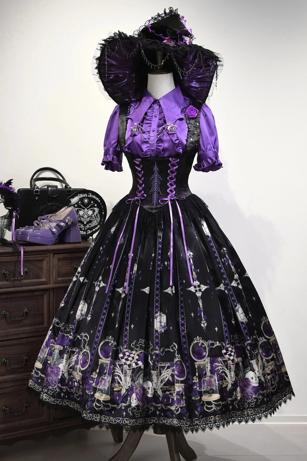 Blood Laboratory Purple Skull Potion Print Gothic Lolita Long JSK - LolitaEra