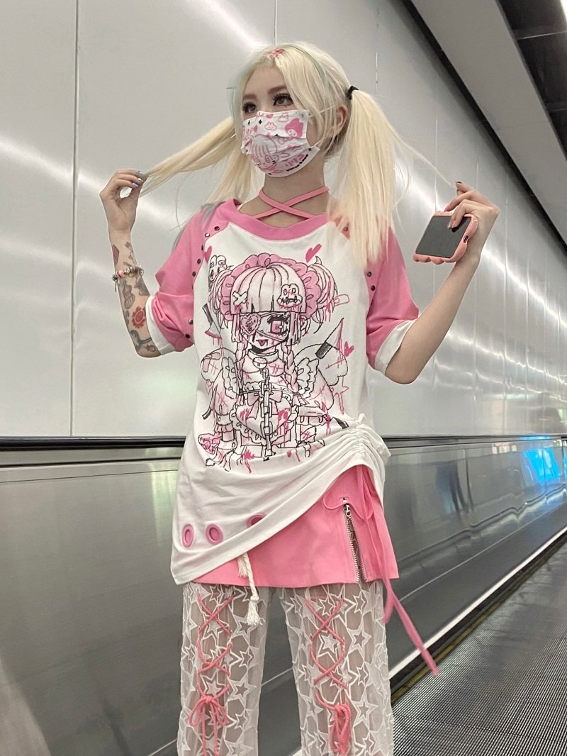 Bloody Angel Studded Edgy Subculture Lace - up Top - LolitaEraPinkSBloody Angel Studded Edgy Subculture Lace - up Top