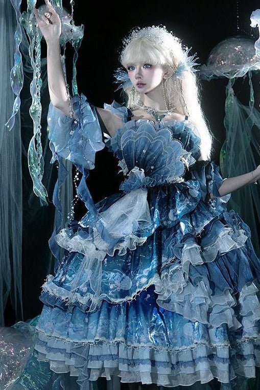 Blue Breath Jellyfish Gradient Classic Lolita JSK LE1197 - LolitaEraBlue JSKSBlue Breath Jellyfish Gradient Classic Lolita JSK LE1197