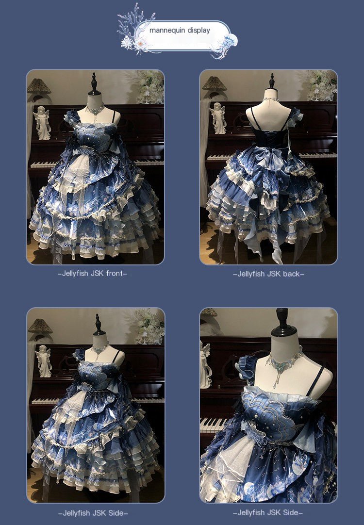 Blue Breath Jellyfish Gradient Classic Lolita JSK LE1197 - LolitaEraBlue JSK+Sleeves+NecklaceSBlue Breath Jellyfish Gradient Classic Lolita JSK LE1197