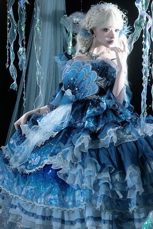 Blue Breath Jellyfish Gradient Classic Lolita JSK LE1197 - LolitaEraBlue JSKSBlue Breath Jellyfish Gradient Classic Lolita JSK LE1197