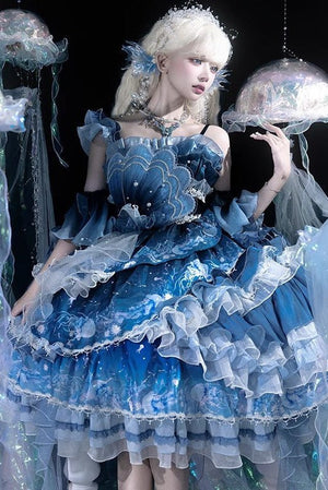 Blue Breath Jellyfish Gradient Classic Lolita JSK LE1197 - LolitaEraBlue JSK+Sleeves+NecklaceSBlue Breath Jellyfish Gradient Classic Lolita JSK LE1197