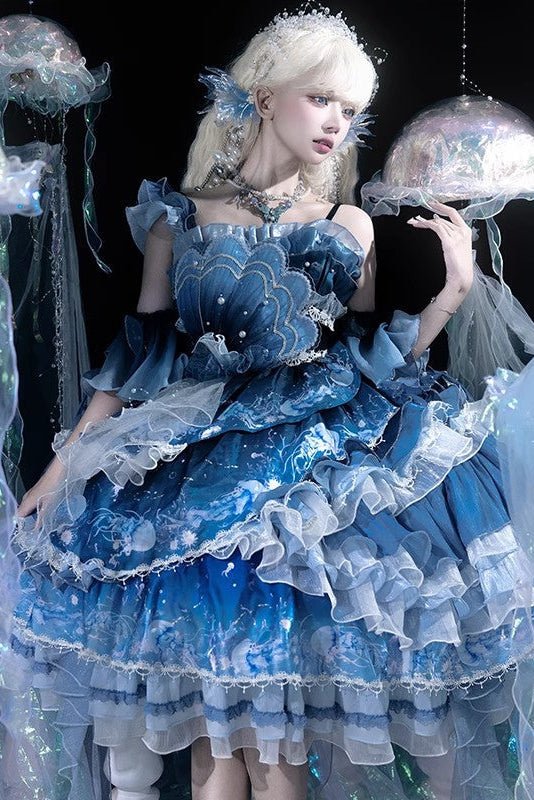 Blue Breath Jellyfish Gradient Classic Lolita JSK LE1197 - LolitaEraBlue JSK+Sleeves+NecklaceSBlue Breath Jellyfish Gradient Classic Lolita JSK LE1197