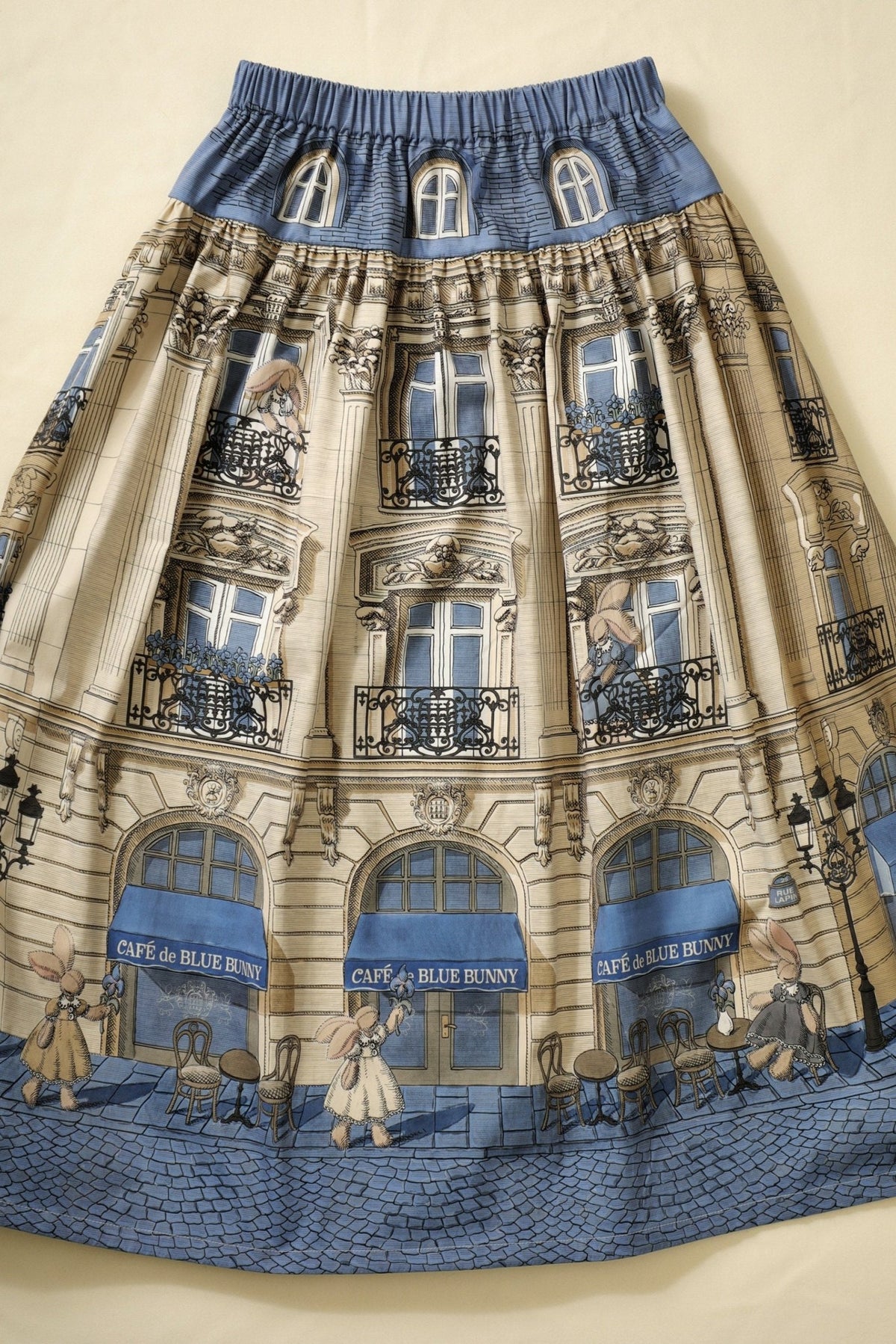 Blue Bunny Cafe Yellow Blue Vintage Architecture Print Classic Lolita Skirt - LolitaEra