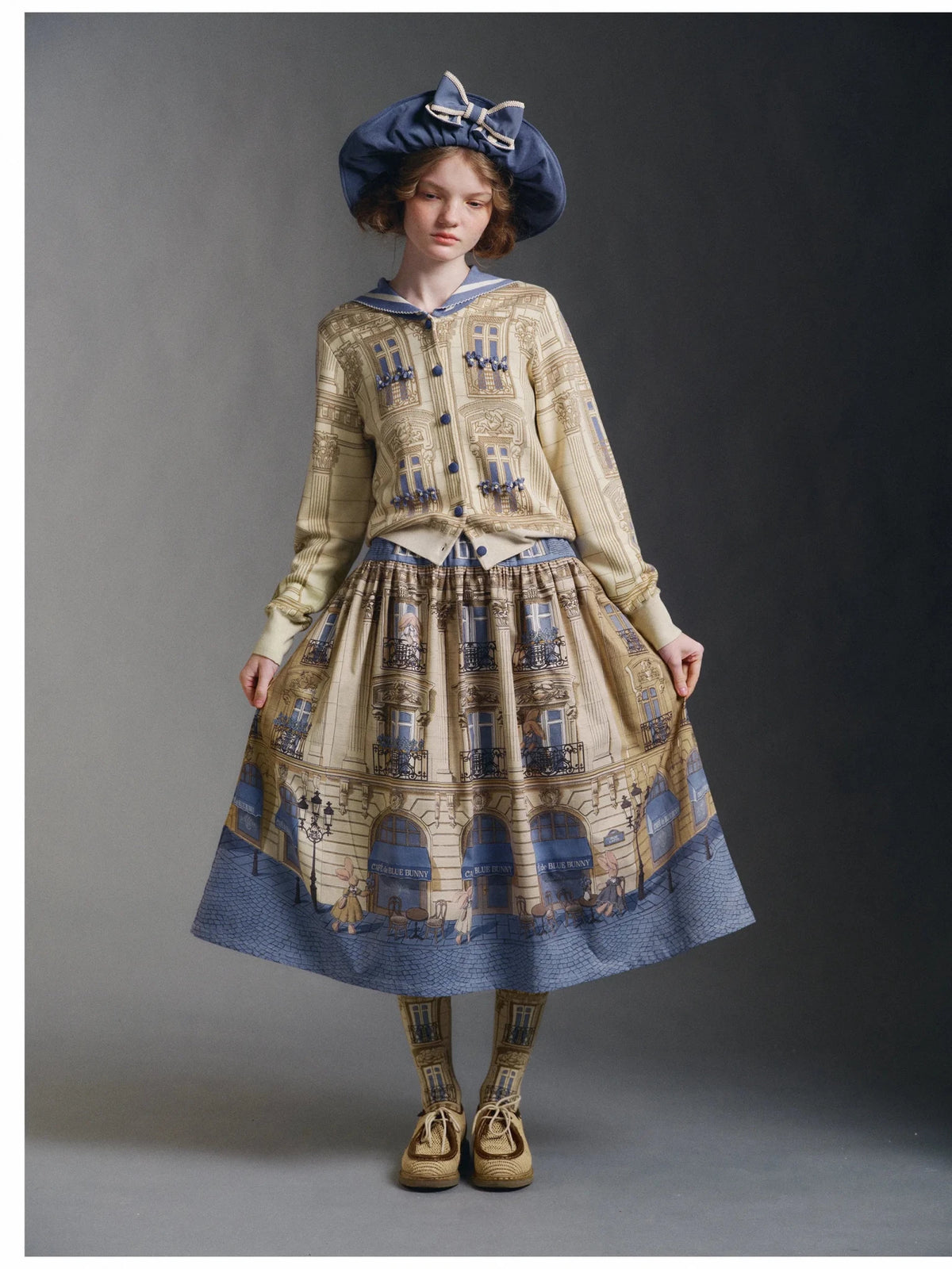 Blue Bunny Cafe Yellow Blue Vintage Architecture Print Classic Lolita Skirt - LolitaEra