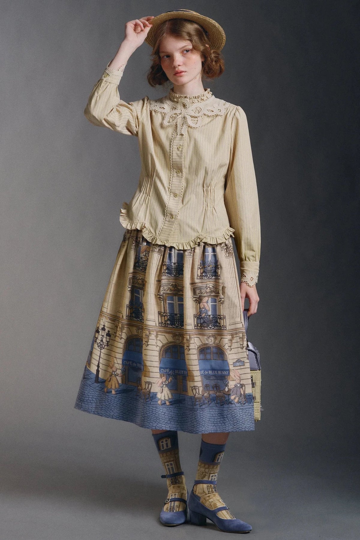 Blue Bunny Cafe Yellow Blue Vintage Architecture Print Classic Lolita Skirt - LolitaEra