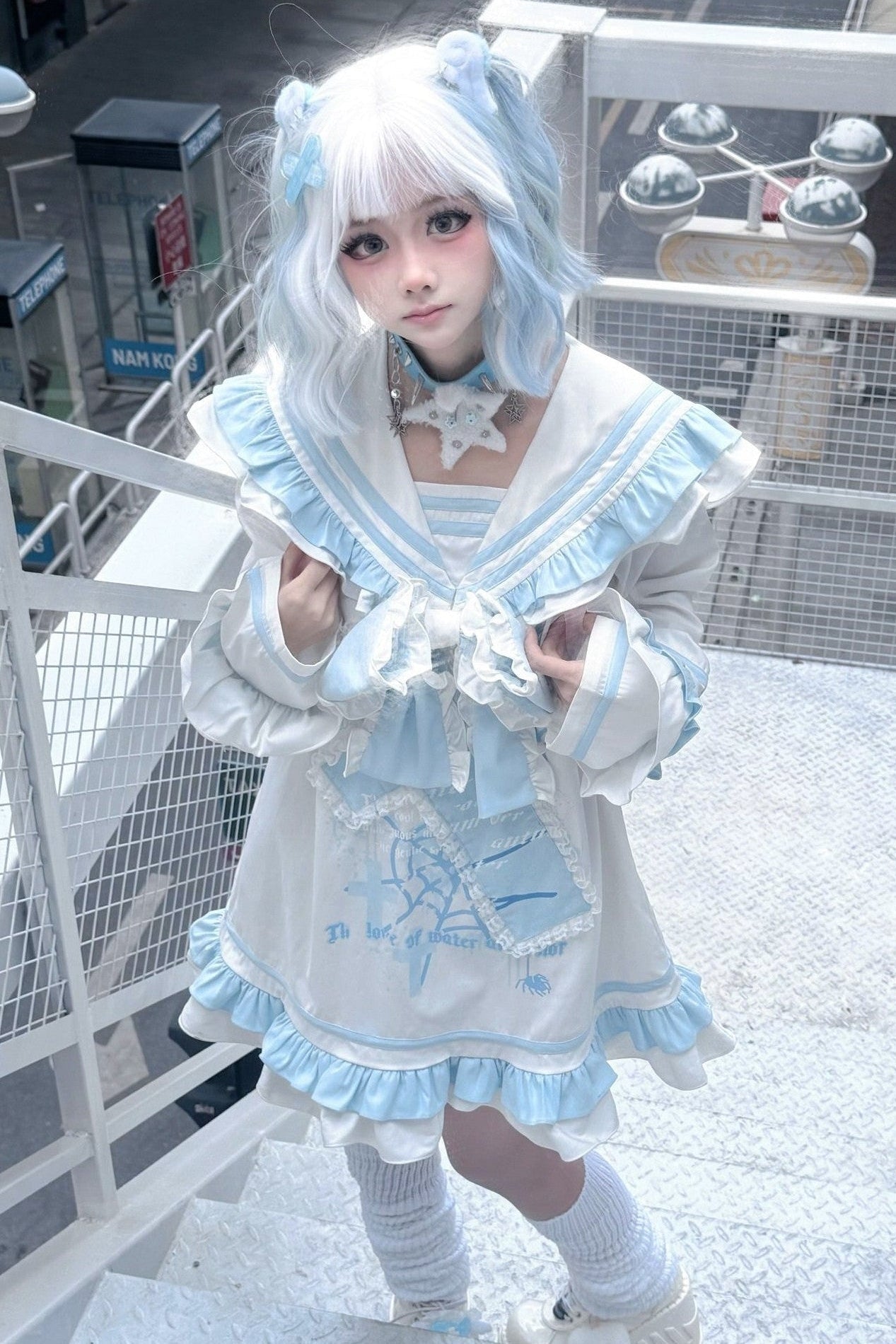 Blue & White Kawaii Japanese Sailor - collar Dress - LolitaEraWhiteOne sizeBlue & White Kawaii Japanese Sailor - collar Dress