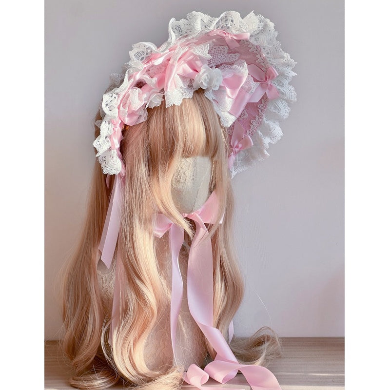 Lolita Pink Sweet Lace Bow Bonnet/KC/Sleeves LE6003