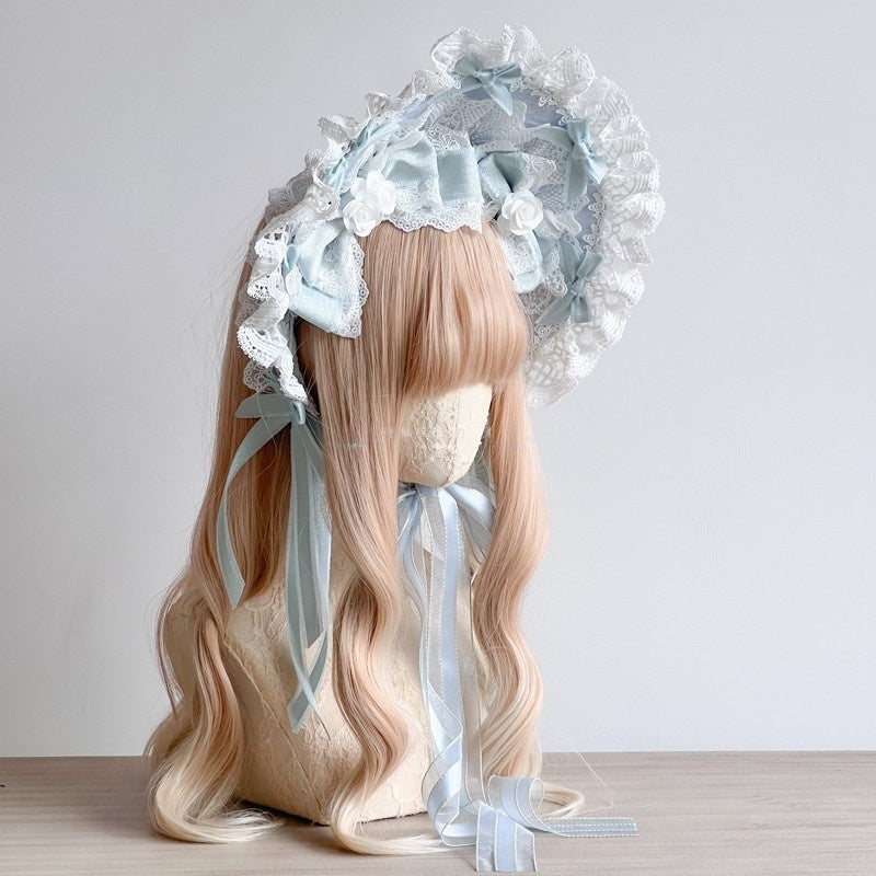 Lolita Sweet Ice Blue Lace Bow Bonnet/KC/Sleeves LE6001
