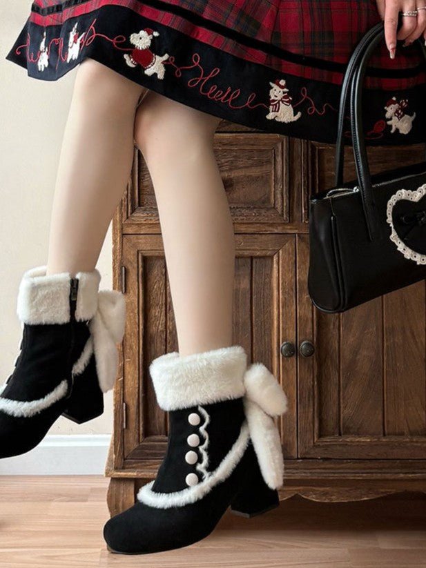 Bow Round - Toe Block - Heel Snow Boots 1304 - LolitaEraBlack Set34Bow Round - Toe Block - Heel Snow Boots 1304