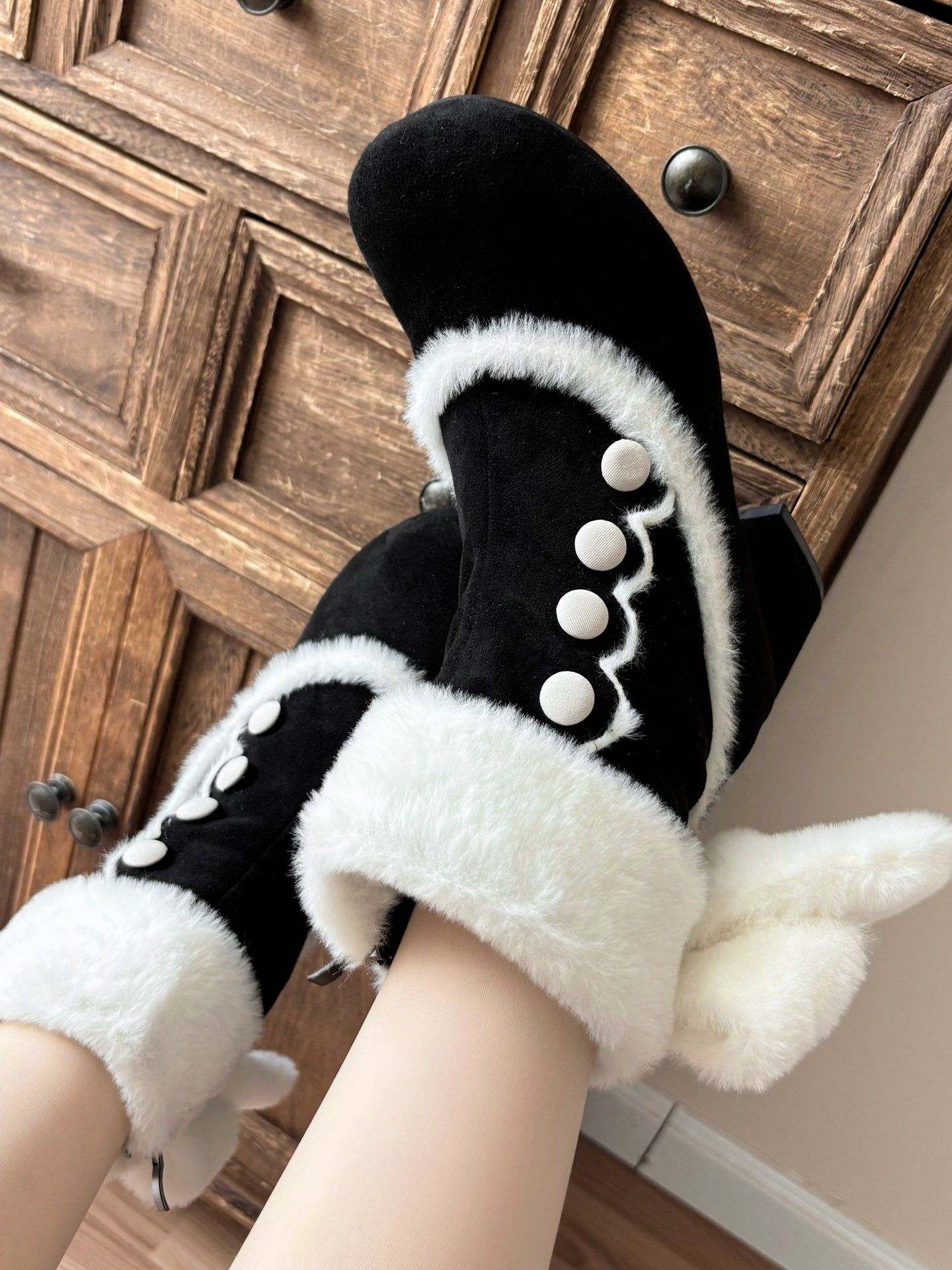 Bow Round - Toe Block - Heel Snow Boots 1304 - LolitaEraBlack Set34Bow Round - Toe Block - Heel Snow Boots 1304