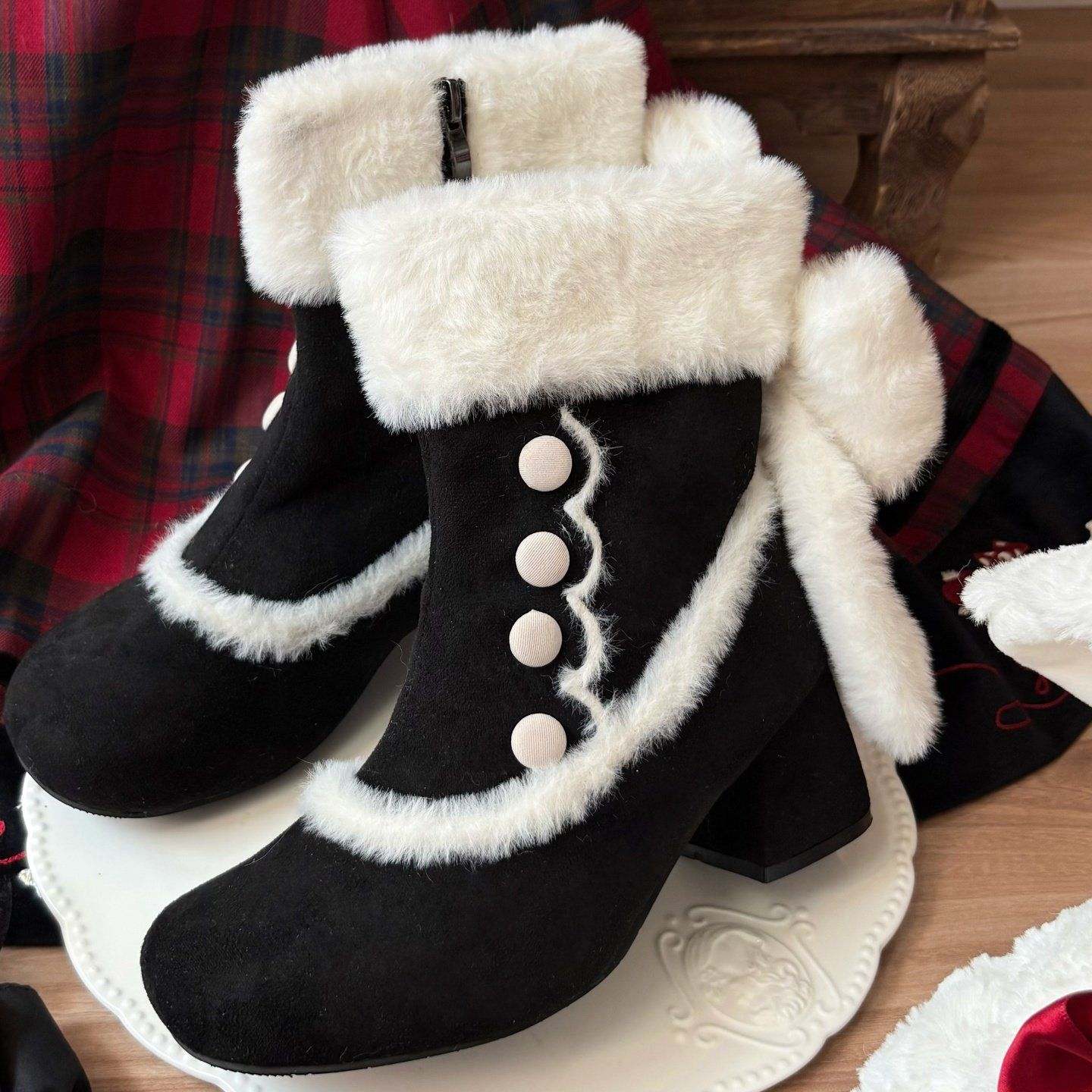 Bow Round-Toe Block-Heel Snow Boots - LolitaEra