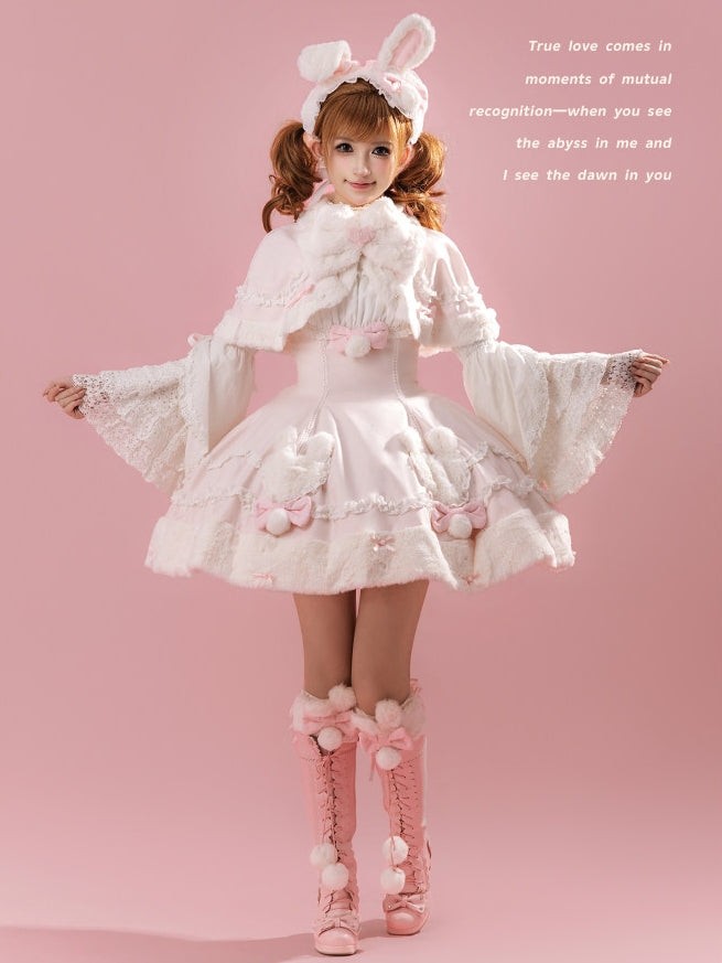 Bunny Dumpling Lolita Winter Doll Style Plush Cloak JSK Set - LolitaEra
