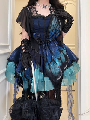 Butterfly Ballet Dark Gothic Lolita Ribbon Dress - LolitaEraBlue - Green Gradient SetSButterfly Ballet Dark Gothic Lolita Ribbon Dress