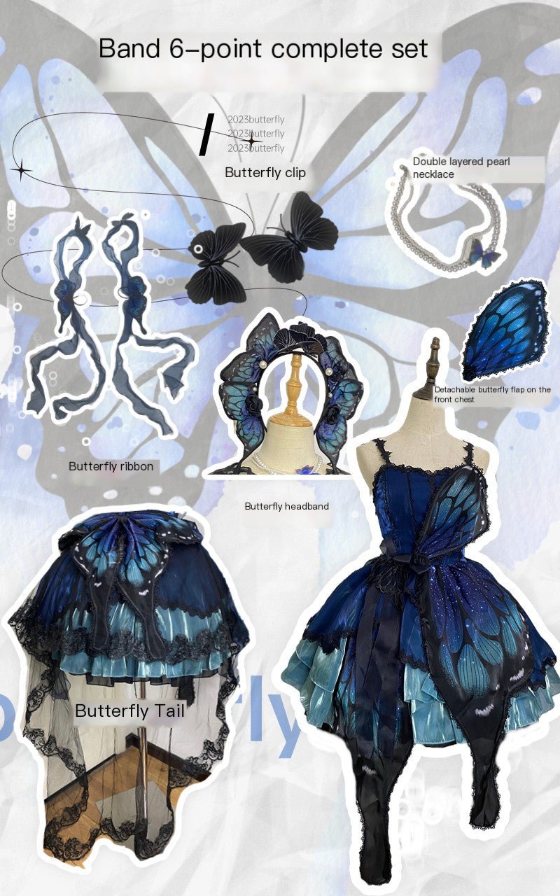 Butterfly Ballet Dark Gothic Lolita Ribbon Dress - LolitaEraBlue - Green Gradient SetSButterfly Ballet Dark Gothic Lolita Ribbon Dress