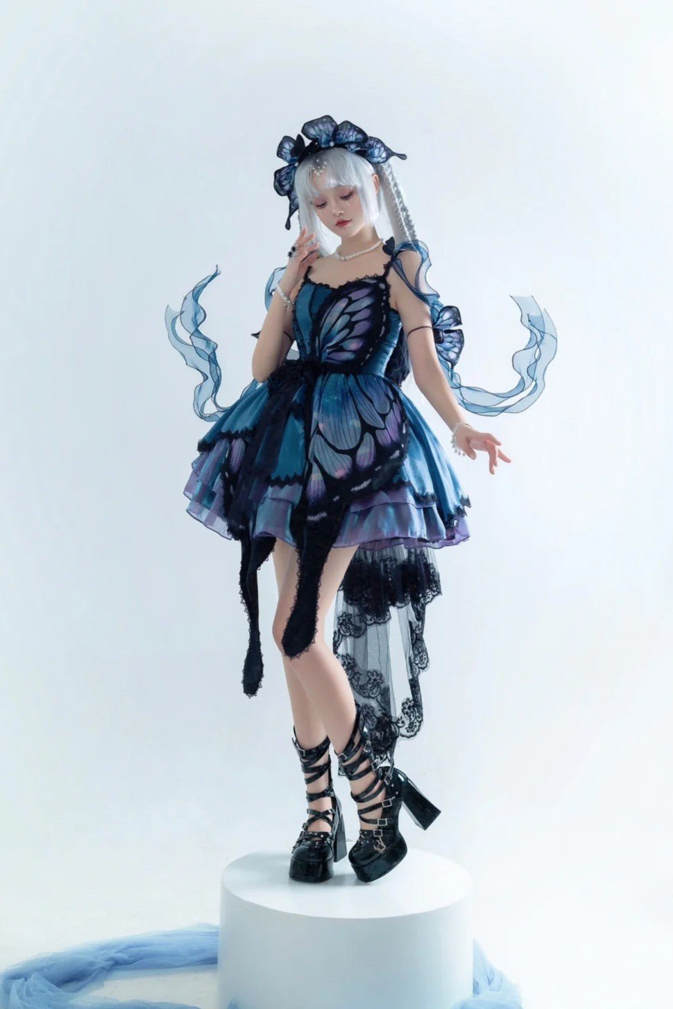 Butterfly Ballet Dark Gothic Lolita Ribbon Dress - LolitaEraBlue - Green Gradient SetSButterfly Ballet Dark Gothic Lolita Ribbon Dress