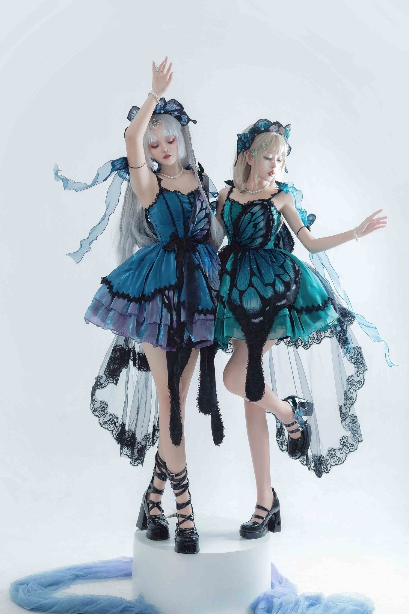 Butterfly Ballet Dark Gothic Lolita Ribbon Dress - LolitaEraBlue - Green Gradient SetSButterfly Ballet Dark Gothic Lolita Ribbon Dress