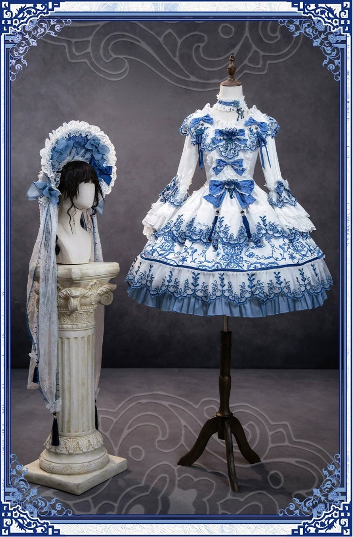 Butterfly Blue and White Porcelain Floral Embroidery Classic Lolita OP Dress - LolitaEra