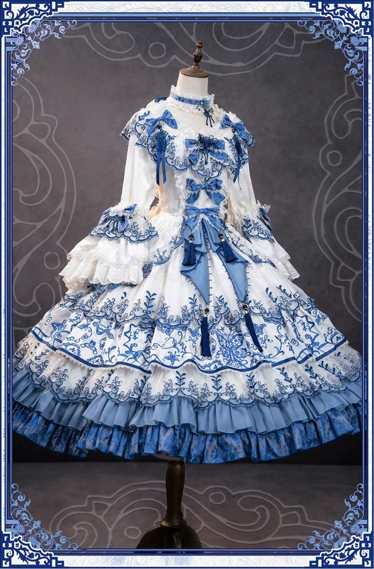 Butterfly Blue and White Porcelain Floral Embroidery Classic Lolita OP Dress - LolitaEra