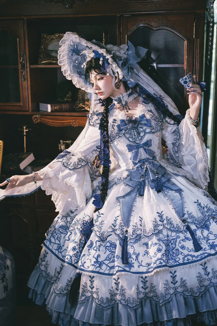 Butterfly Blue and White Porcelain Floral Embroidery Classic Lolita OP Dress