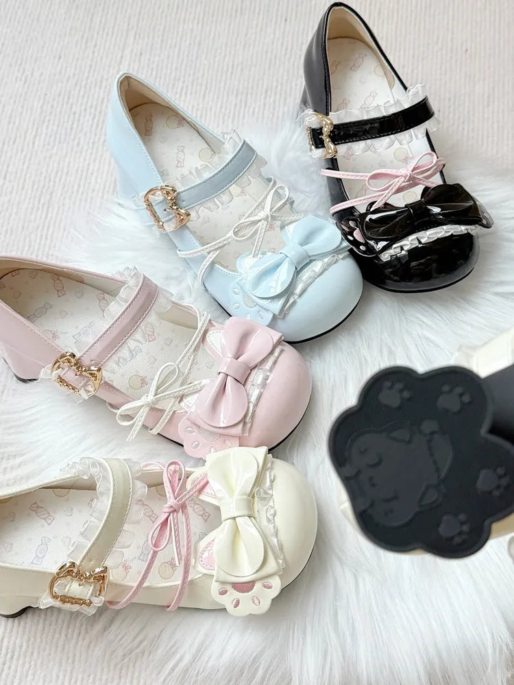 [Sweetheart Meow Pie] Candy Kitten Original Lolita Cat Paw Bow Round Toe High Heel Lo Shoes Women's Single Shoes