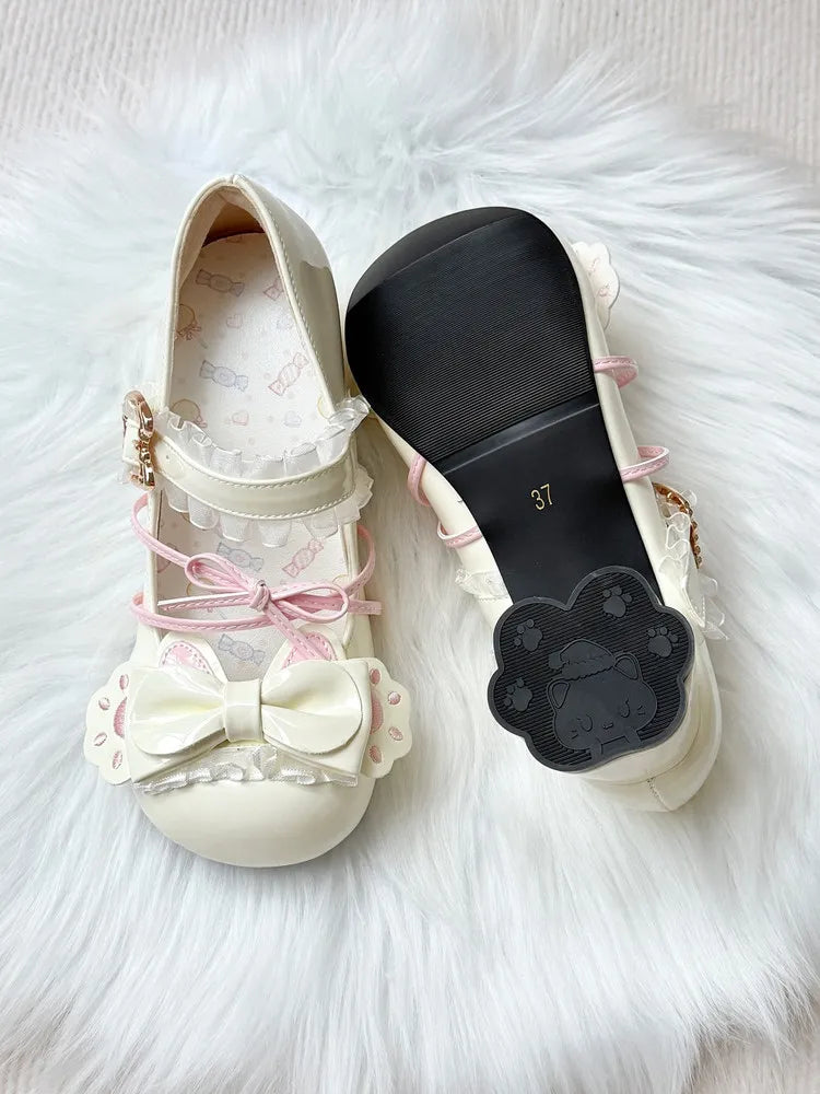 [Sweetheart Meow Pie] Candy Kitten Original Lolita Cat Paw Bow Round Toe High Heel Lo Shoes Women's Single Shoes